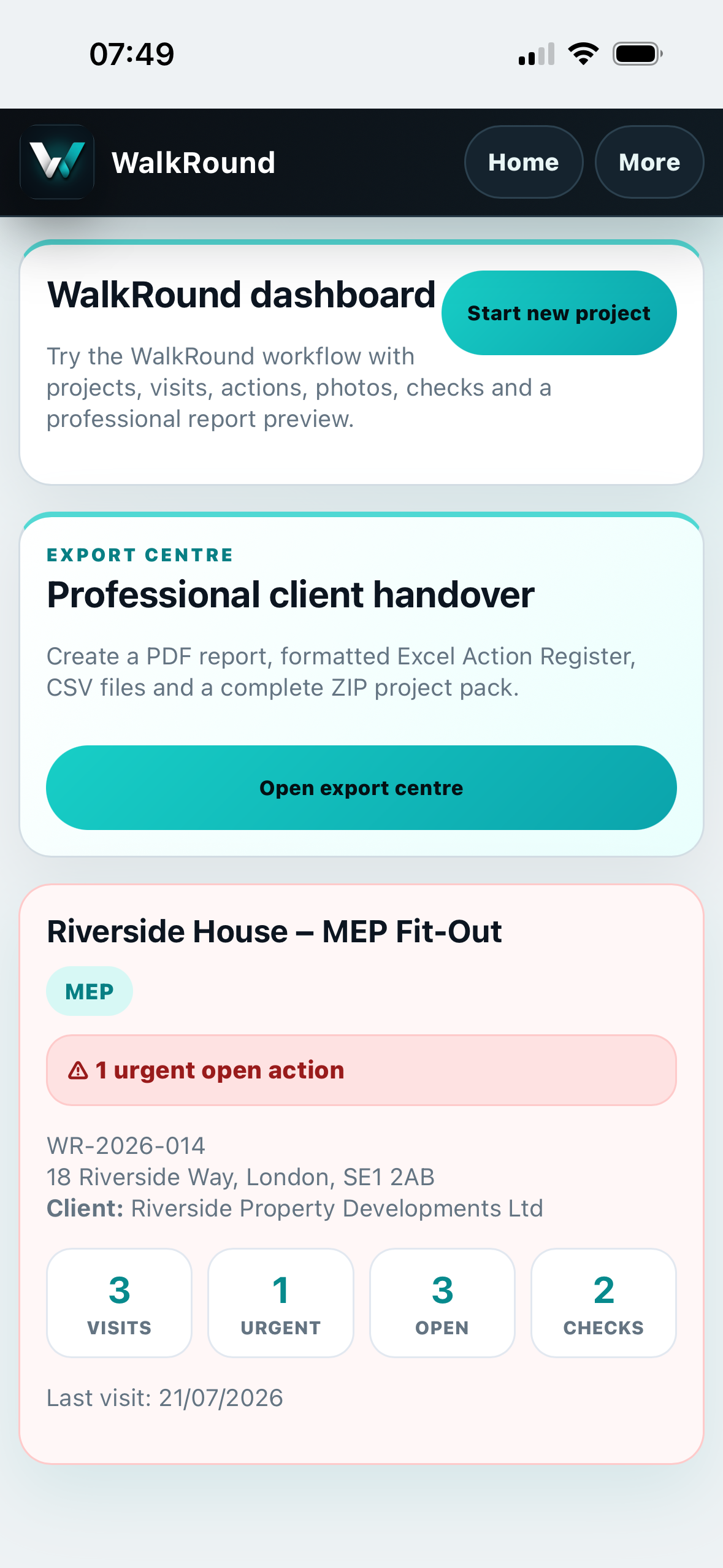 WalkRound iOS Build 12 project dashboard