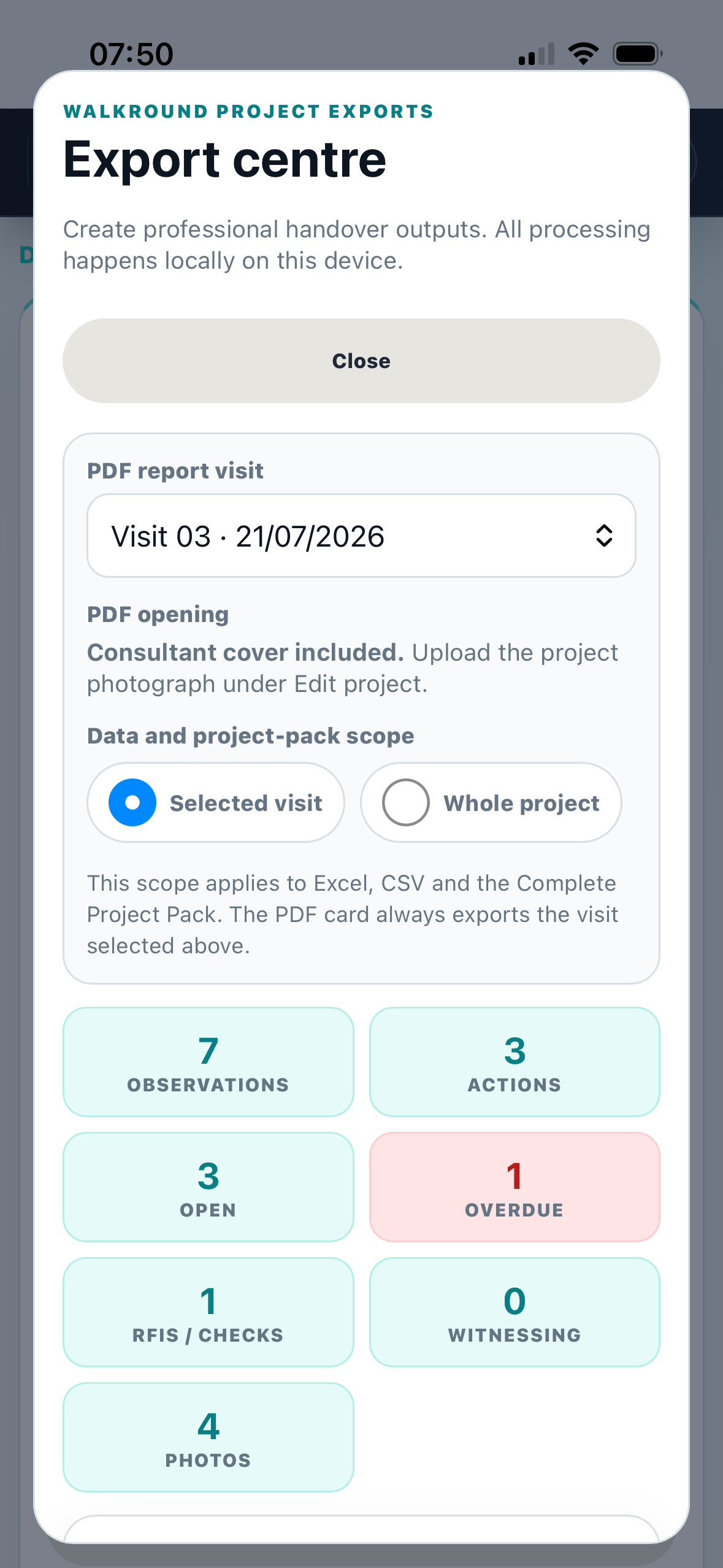 WalkRound Build 12 export centre with output choices and progress