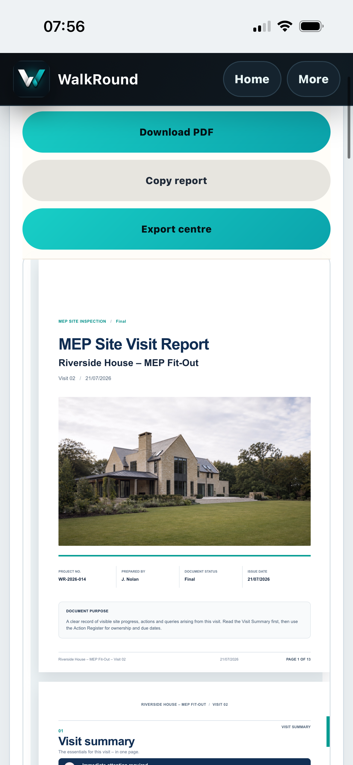 Riverside House report cover preview in WalkRound iOS Build 12