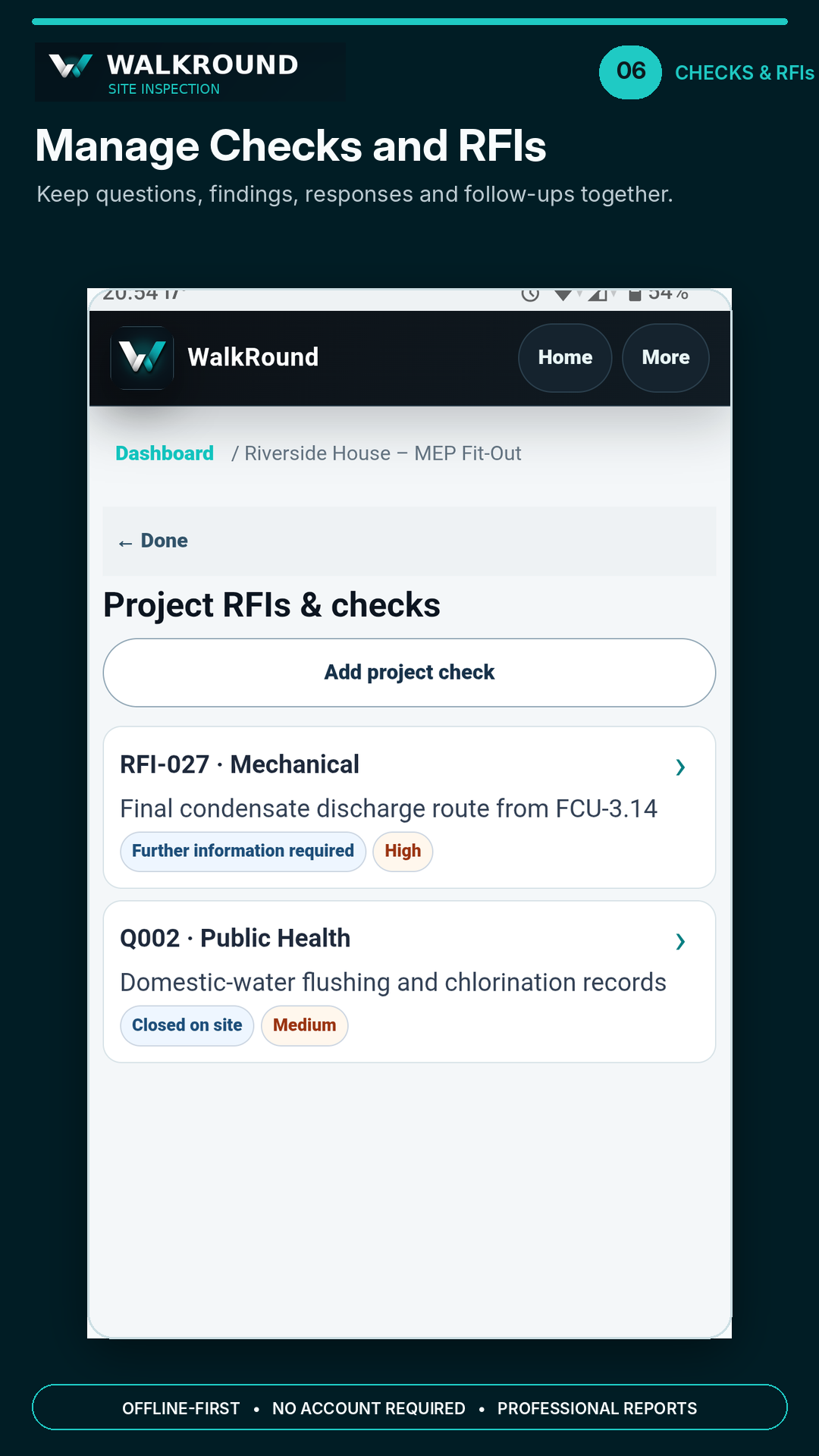 WalkRound RFIs and inspection checks