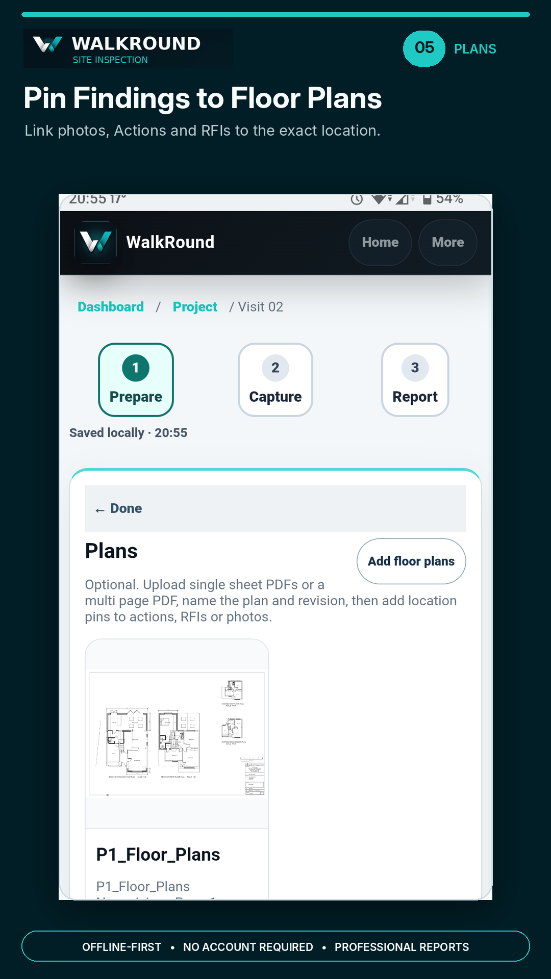 WalkRound floor-plan upload and location pin workflow