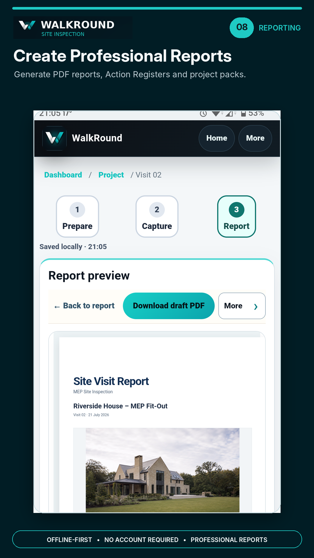 Report stage showing the current WalkRound report preview