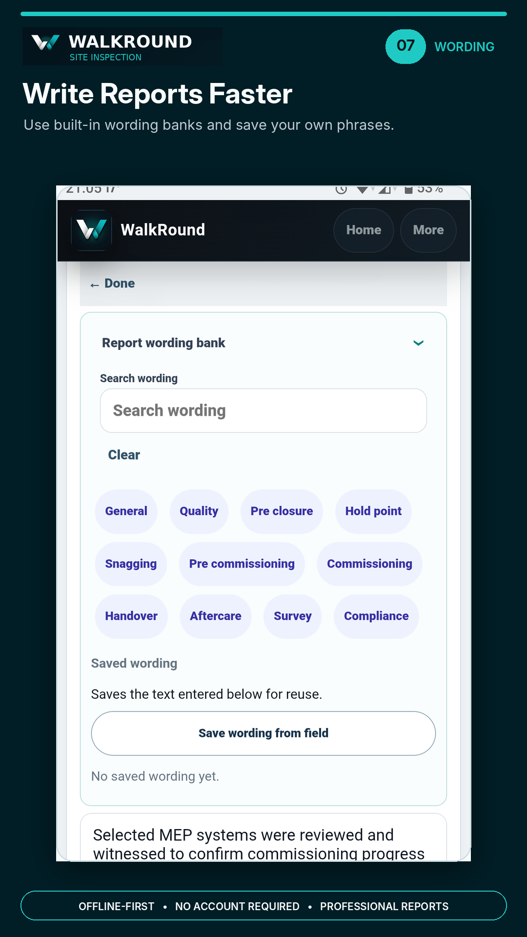 WalkRound reusable wording bank